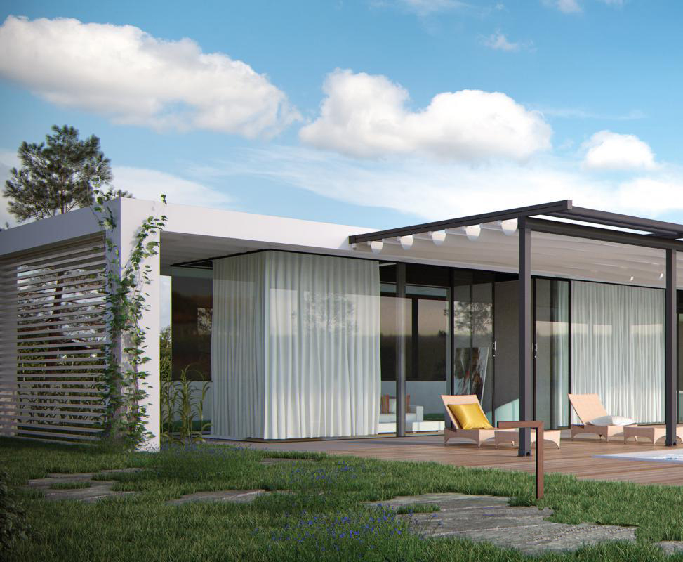 Jardim externo com varanda térrea varanda independente toldo automático retrátil motorizado de alumínio personalizado