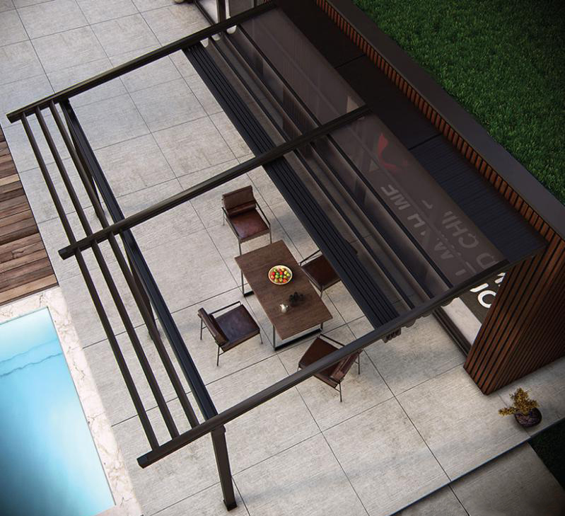 Jardim externo com varanda térrea varanda independente toldo automático retrátil motorizado de alumínio personalizado