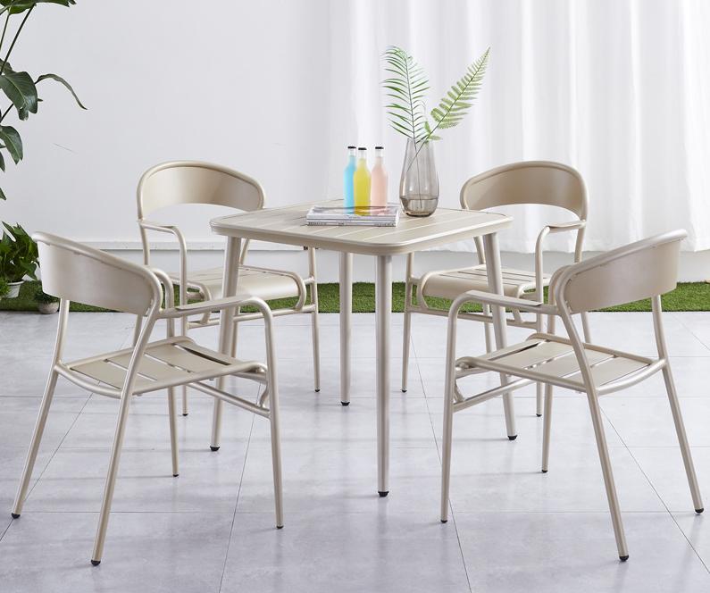 Bistrô Jantar Jardim ao ar livre Restaurante Pátio Fast food Metal Alumínio Cadeiras empilháveis ​​Conjuntos de mesa Móveis